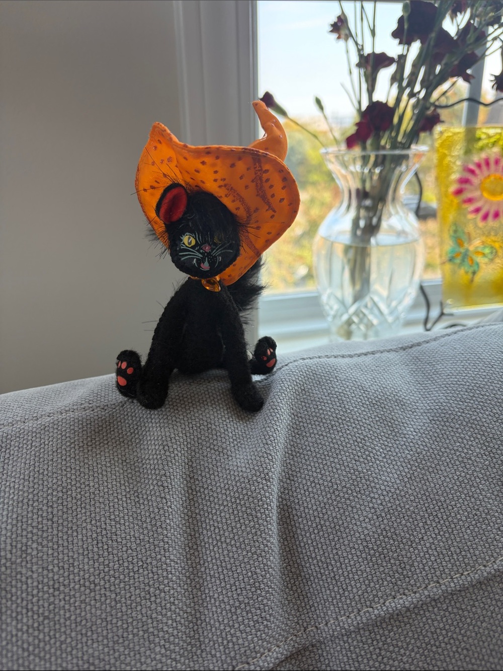 Annalee 2011 Black Cat Witch Halloween Orange Glitter Hat Decor